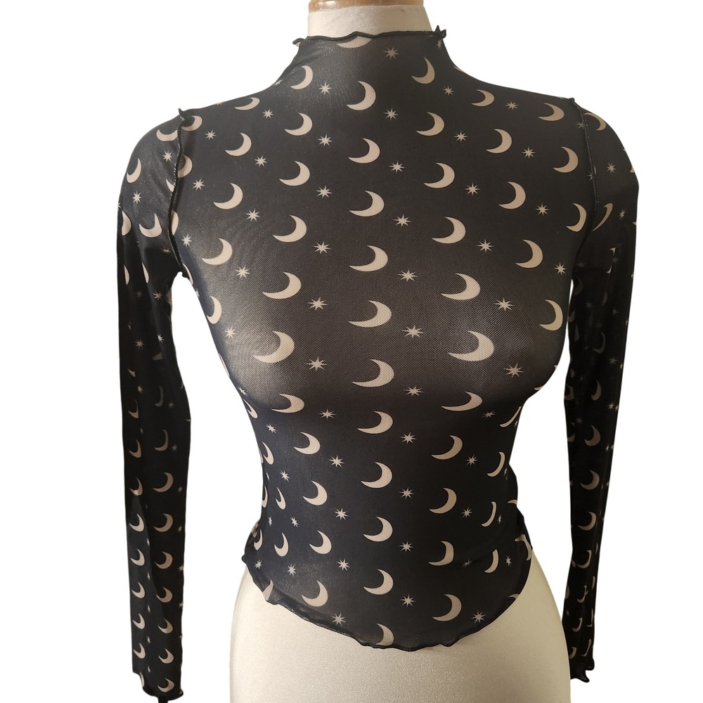 Witchy celestial Black Mesh‎ Mock Neck Long Sleeve Moon Star Print scalloped